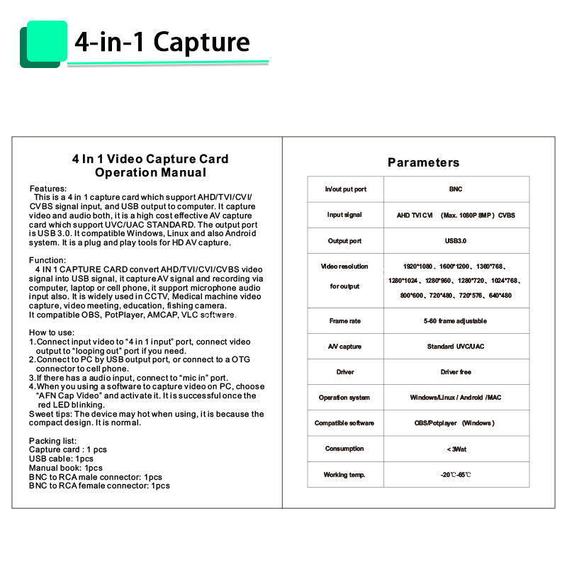 4 in 1 capture device Multi-Signal Video recording Capture Card – USB 2.0 High-Speed Device for AHD,CVBS,TVI,CVI HD Recording