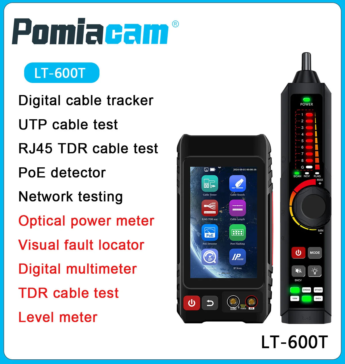 LT-600T 4' Touch Screen UTP Cable Tester PoE VFL OPM TDR Level Meter Test IP Search Scan Tracer in One Network Cable Tool