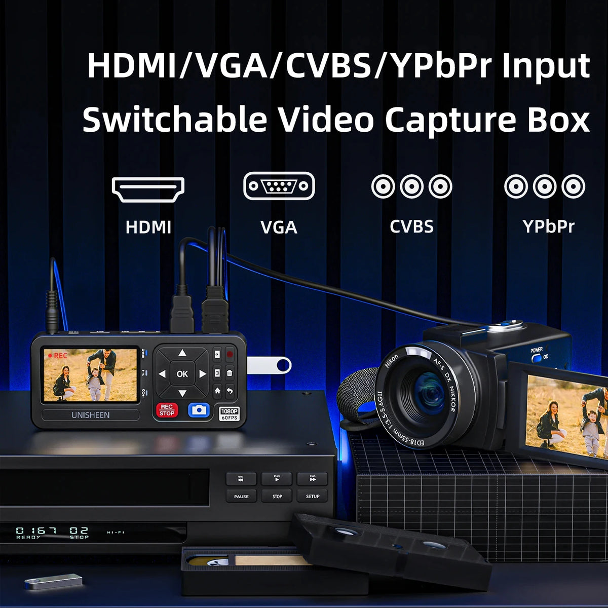 UR500A-M HD Video Capture Box 1080P Video To Digital Converter with 3" Screen 4K HDMI/CVBS/VGA/YPBPR Inputs Video Recorder