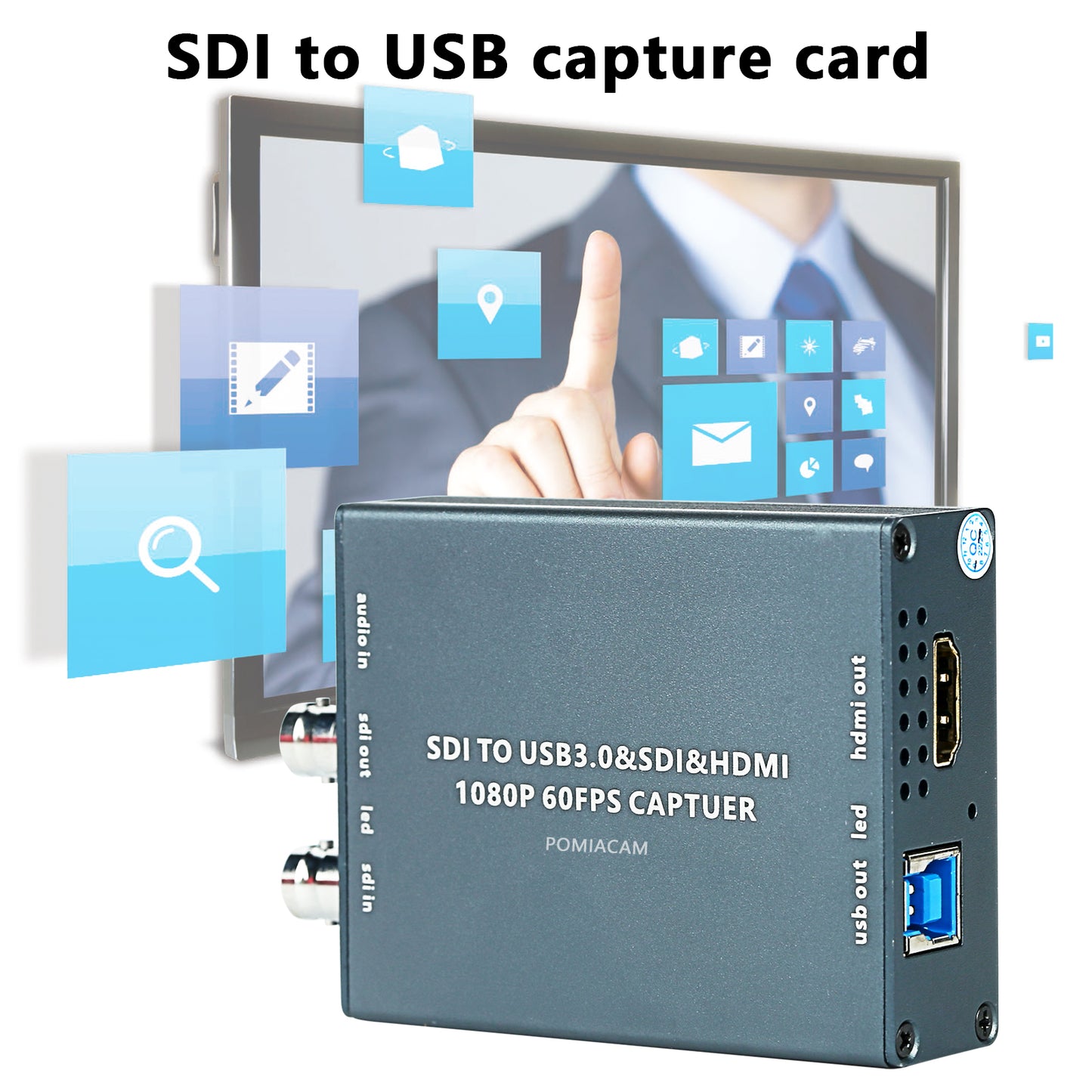 SDI to USB Capture Card with HD USB3.0 1080P Output SDI Input Recorder Live Streaming HDMI Audio Video HDMI and SDI Loopout